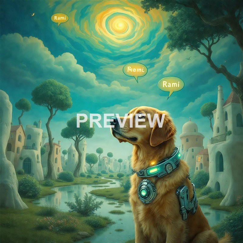 A digital illustration of a golden retriever wearing futuristic technology gear, sitting in a lush, fantasy-like landscape with whimsical buildings, tall trees, and a swirling sky with a bright sun, while speech bubbles above its head contain the names "Rami" and "Rei".